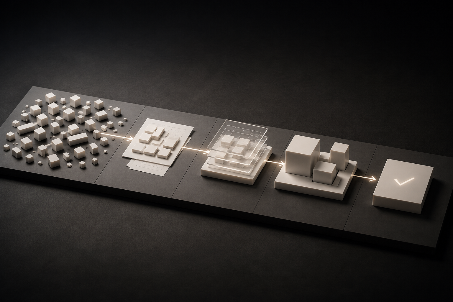 3D model of an AI project pipeline on a dark surface: scattered requirement blocks converge into a blueprint, then a layered grid, then an assembled structure, ending in a completion check mark — from idea to deployment