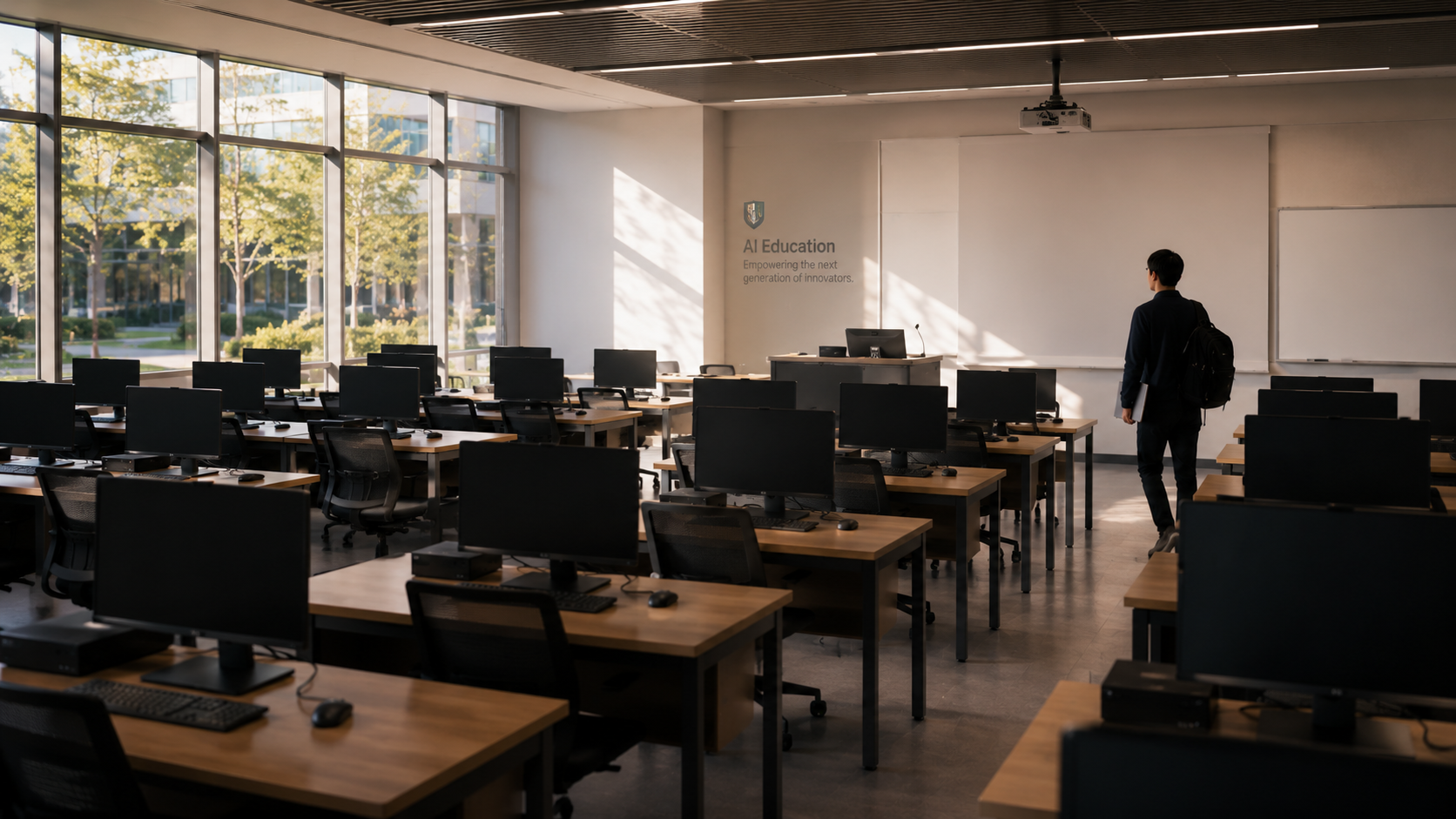 授業の合間の AI Education コンピューター教室。各席のワークステーションが並んで待機し、全面窓から日差しが差し込むなか、バックパックを背負った学生が次の実習に向かって入ってくる