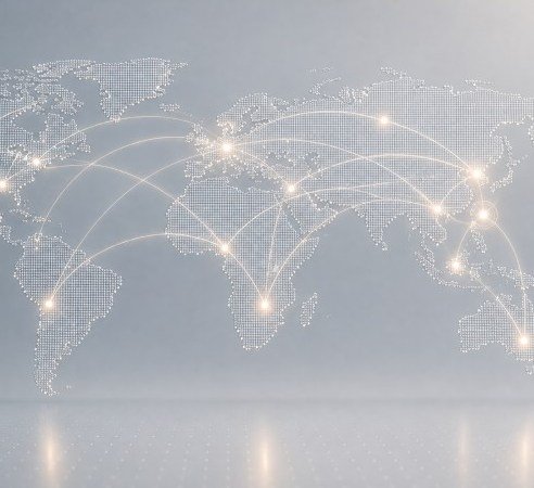 A dotted world map with illuminated city nodes joined by arcing light trails, representing a global partner network.