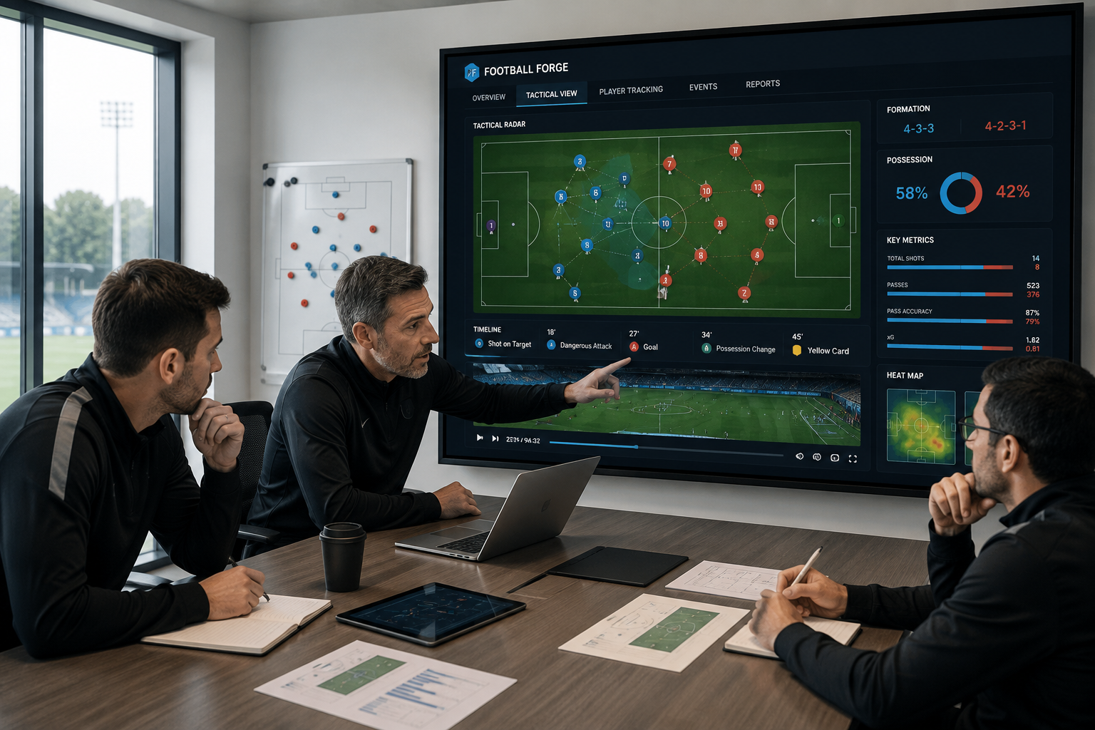 会議室のスクリーンに映した Football Forge の戦術ビュー（フォーメーションレーダー、ポゼッション比率、主要指標、ヒートマップ）を確認するコーチングスタッフ