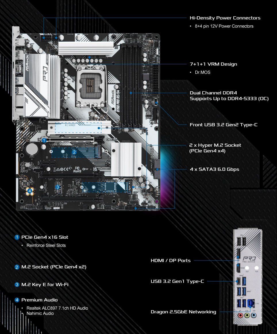 Carte mère Asrock Carte Mère B760M Pro RS/D4 LGA 1700 Intel B760 DDR4 Micro  ATX Noir