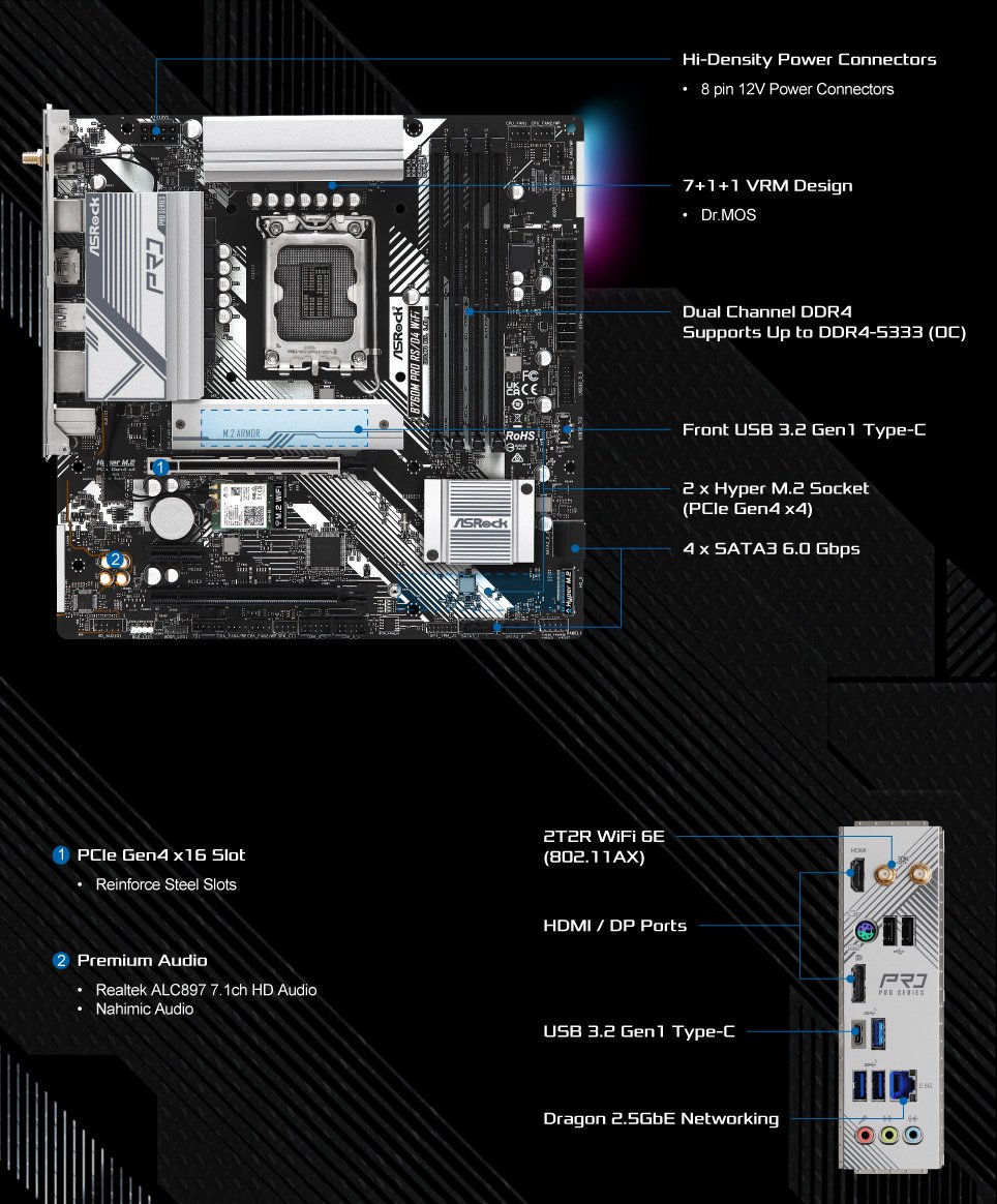 Carte Mère Micro-Atx B760M DDR4 Core i7 CPU 12-13 Gen 4GB RAM