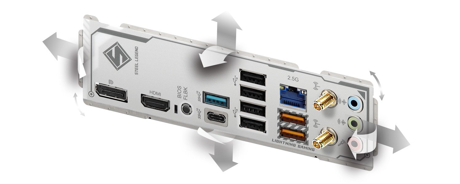 Pannello posteriore Flexible Integrated I/O Shield della scheda madre ASRock B850M Steel Legend WiFi con frecce che indicano la regolazione della schermatura durante l'installazione