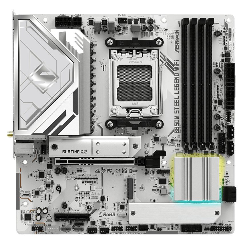 Vista tecnica ufficiale della scheda madre ASRock B850M Steel Legend WiFi con dissipatori M.2, slot di espansione e area di archiviazione sul PCB bianco