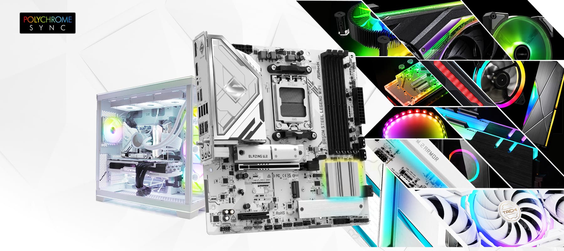 ASRock B850M Steel Legend WiFi con tecnologia Polychrome RGB Sync, scheda madre bianca e argento affiancata da un PC gaming e componenti con illuminazione RGB multicolore