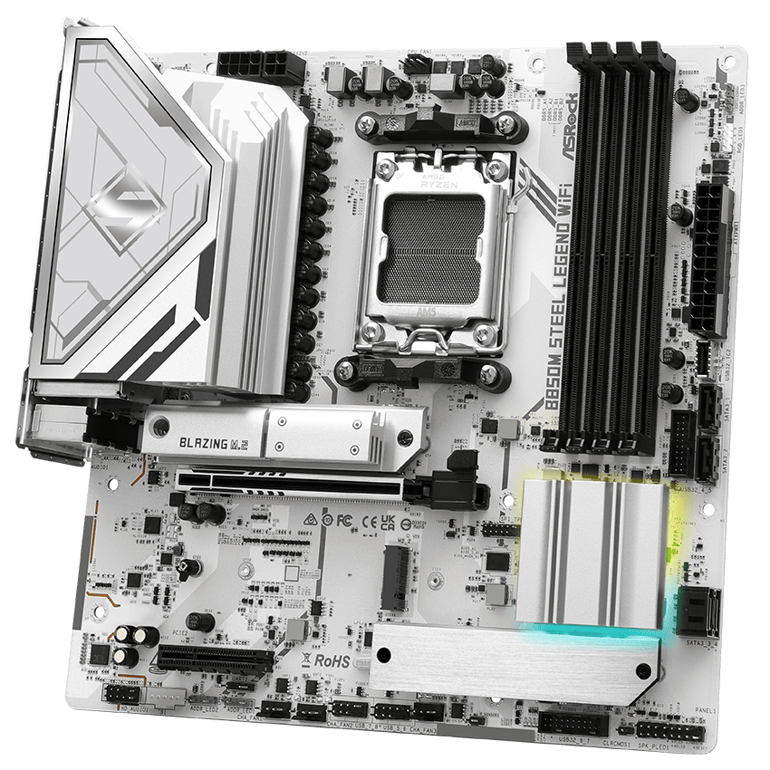 Vista ufficiale della ASRock B850M Steel Legend WiFi con dissipatore VRM XXL, dissipatore Blazing M.2, raffreddamento del chipset e dissipatore M.2 in alluminio