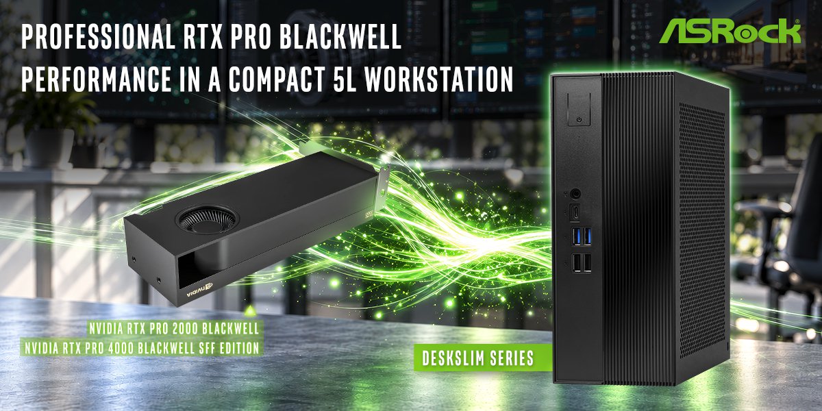 ASRock DeskSlim Series Delivers RTX PRO Blackwell Performance in a Compact 5L Workstation<br> DeskSlim Series support NVIDIA<sup>®</sup> RTX PRO 4000 Blackwell SFF Edition and RTX PRO 2000 Blackwell graphics cards for professional AI and visual-computing workloads.