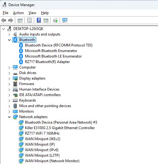Check whether the WiFi and Bluetooth devices are properly detected in Windows Device Manager and that no yellow exclamation marks are shown.