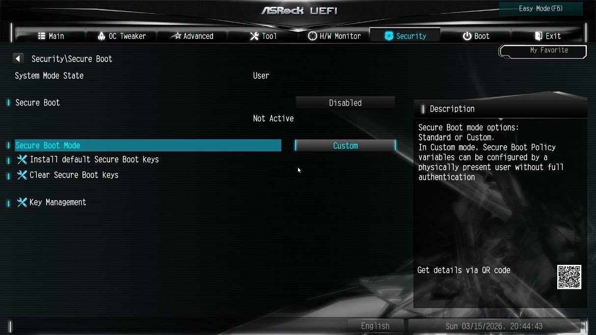 If Secure Boot Mode is set to Standard, change it to Custom.