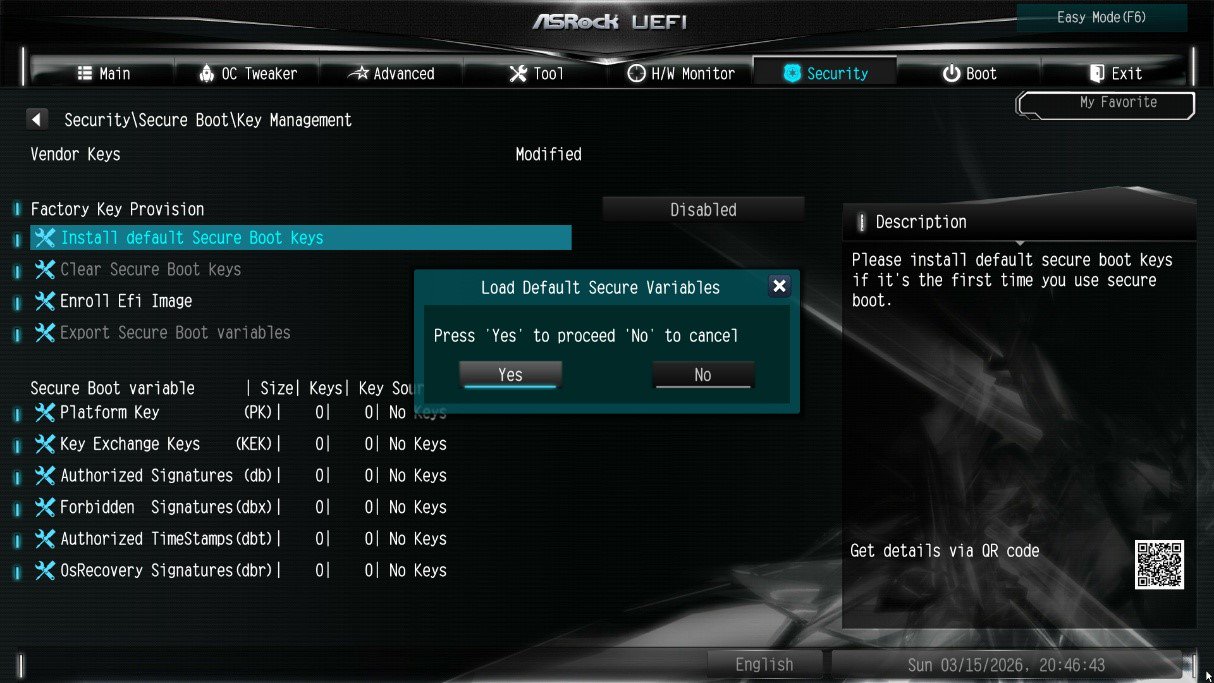 After clearing the keys, select Install Default Secure Boot Keys, then choose [Yes].